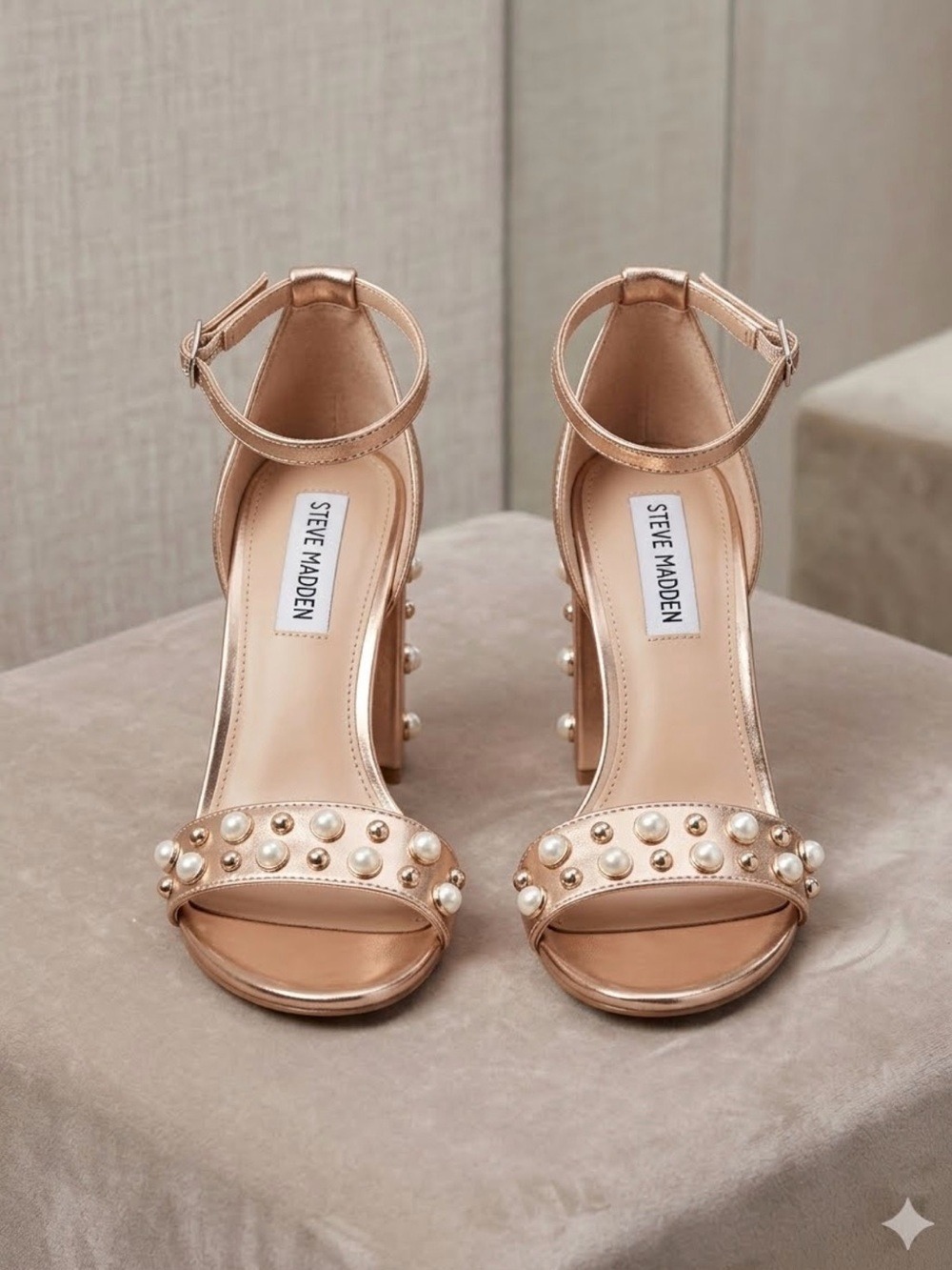 Steve Madden Madiera Metallic Rose Gold Pearl-Stud Block Heel Sandal - Size 7.5